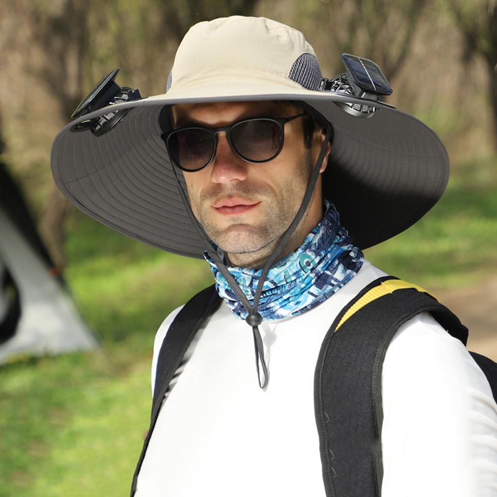 Solar Fan Hat Sun Hat with 2 Solar Fan Outdoor Fishing Hat Wide Brim Bucket Hat for Men Outdoor Camping Fishing Hiking