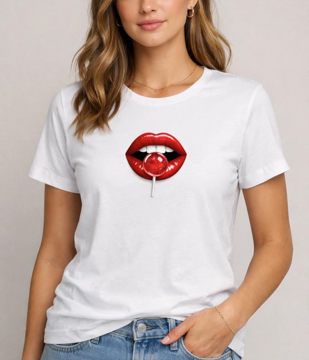 White T‑Shirt – Red Lips with Transparent Lollipop Graphic – Trendy Pop Art Tee S