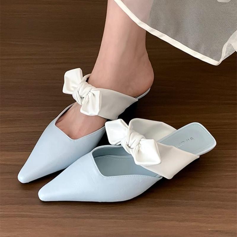 Fashion Sweet Butterfly-knot Low-heeled Slippers Women Elegant Pointed Toe Slingback Slide Sandals Comfort Concise Designer Office Shoes