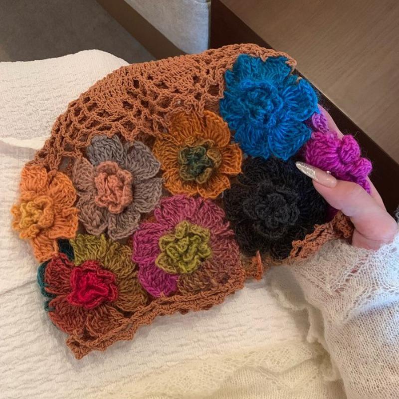 Women's Japanese-style Sweet Ethnic Style Hand-knitted Hat Spring Summer Thin Breathable Head Wrap Hat Colorful Floral Earflap Hat