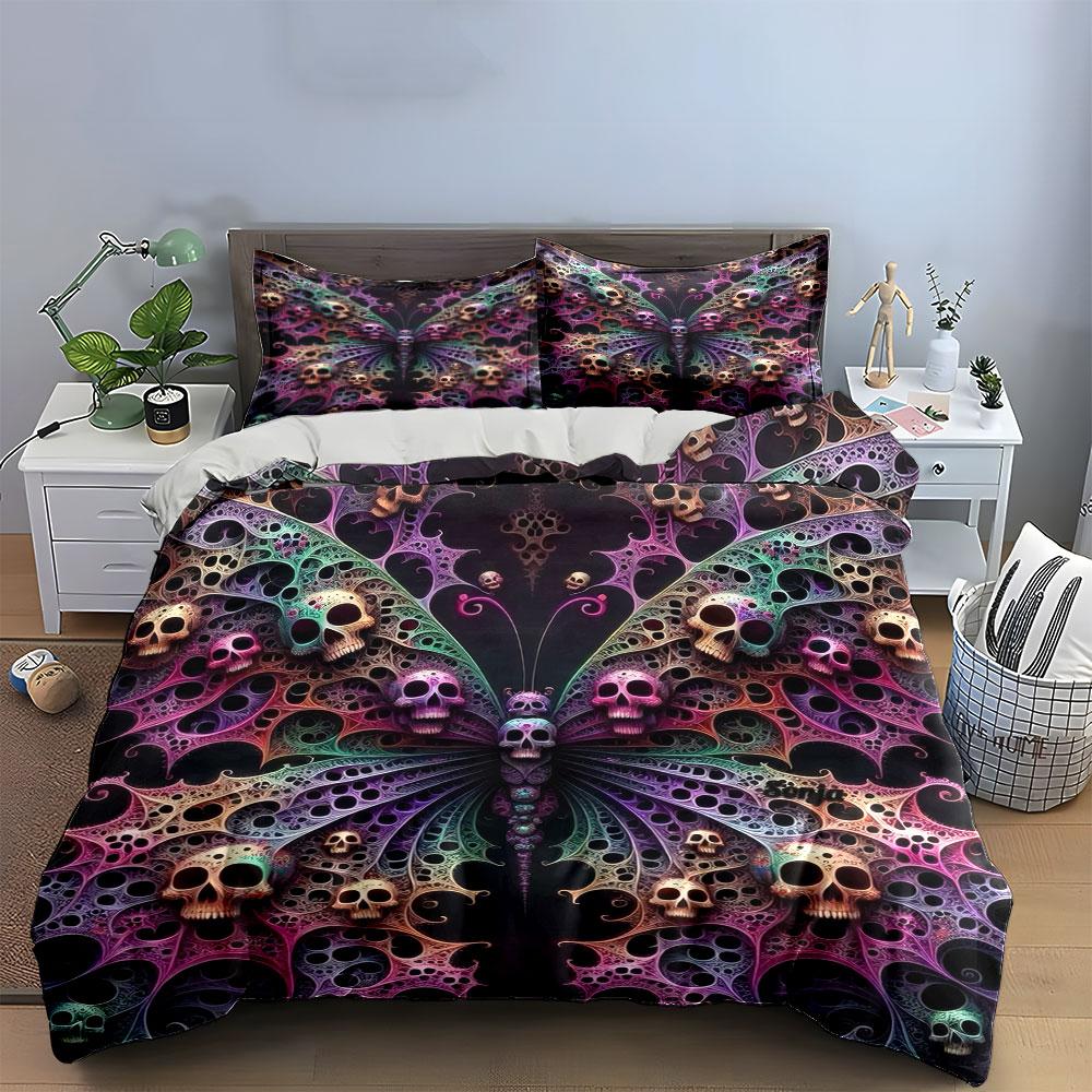 Totenkopf Schmetterling Kunst Dekor Set Weich Bequem Bettbezug Bettwäsche Set Enthalten 1*Bettbezug & 2*Kissenbezüge, Geschenk