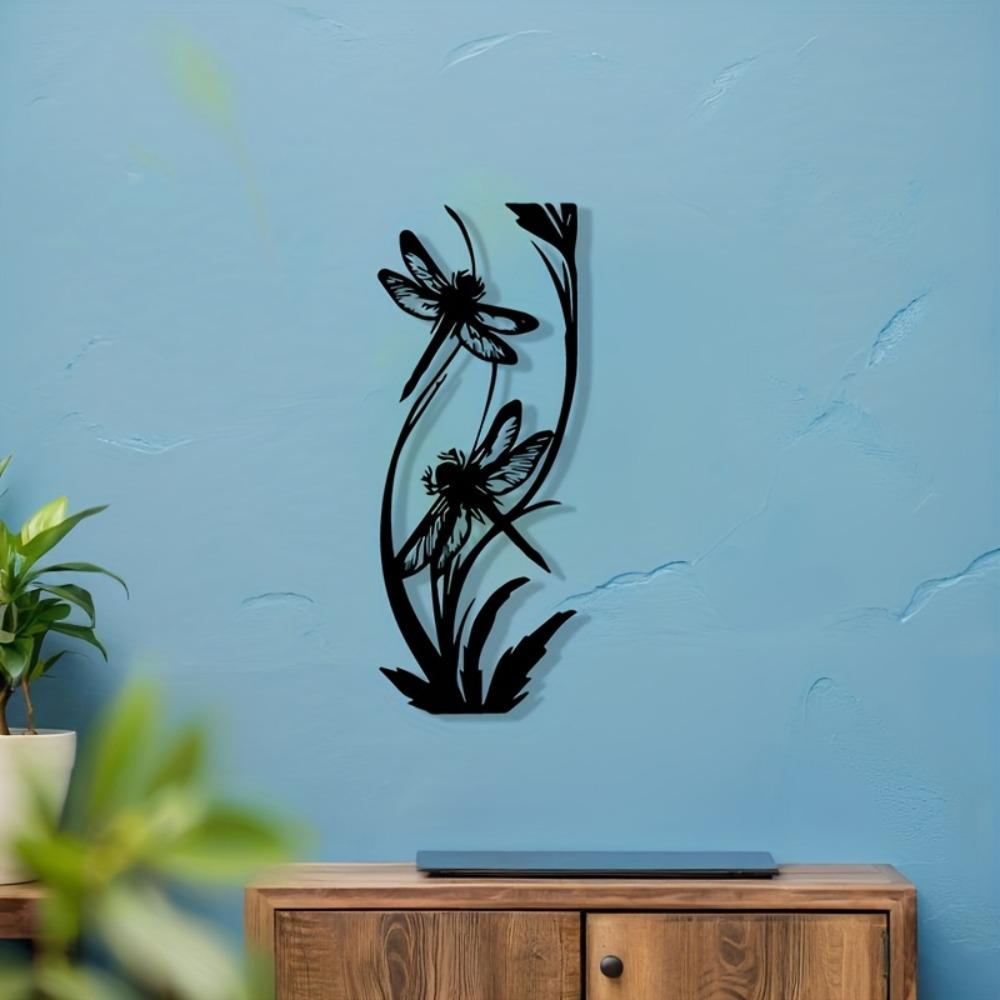 1pc 2D Flat Black Metal Wall Art Dragonfly on Flower Stem Durable Iron Sign Outdoor Indoor Garden Decor Living Room Patio Spring
