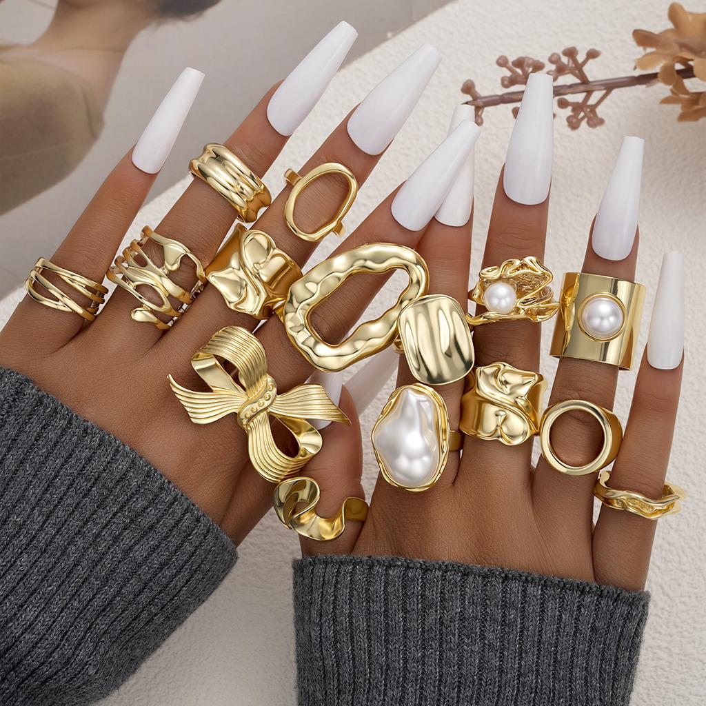 15Pcs Gold Color Bow Pearl Ring Set For Women Irregular Lava Texture Chunky Bow Knot Pearl Inlaid Finger Ring Trendy Jewelry New