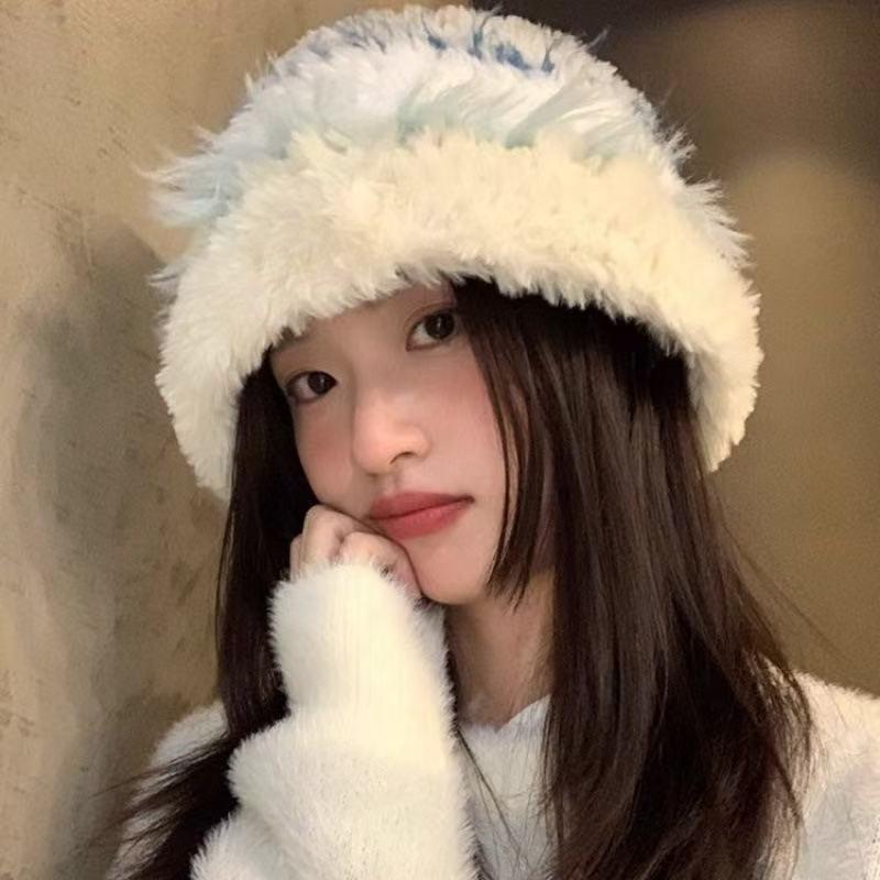 Colored jelly bean plush bucket hat winter warm face thickened knitted wool hat ear protection hat