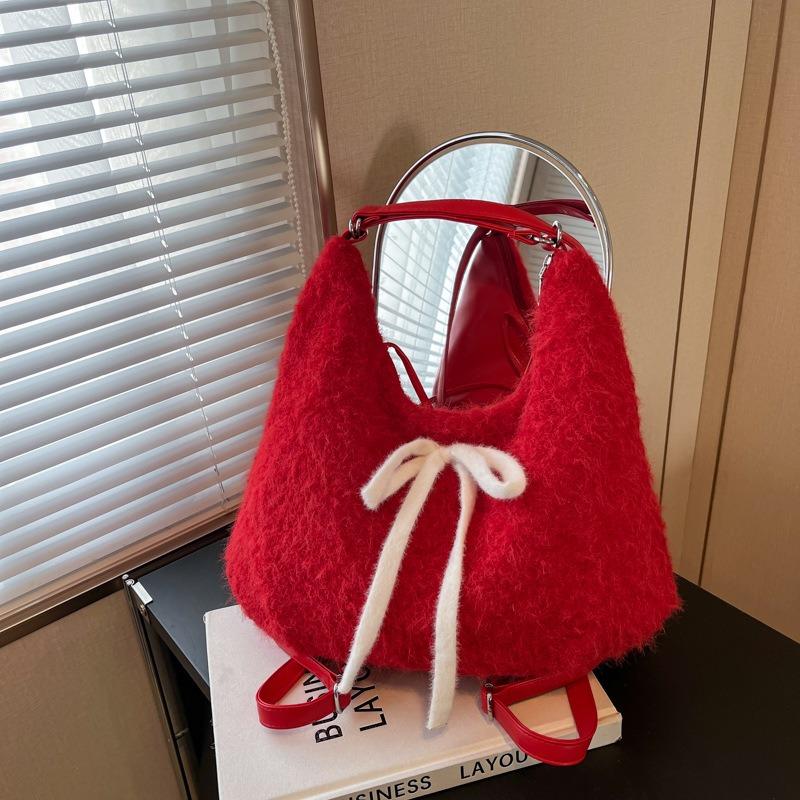 Red plush commuter tote bag women's large-capacity new bow shoulder bag backpack