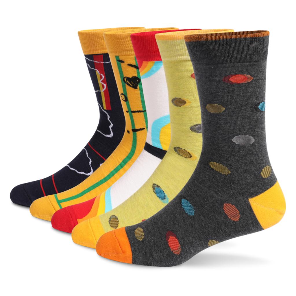 5Pairs Mens Fun Dress Socks Pattern Funny Socks Pack Colorful Striped Combed Cotton Novelty Socks Cool Breathable Casual Socks