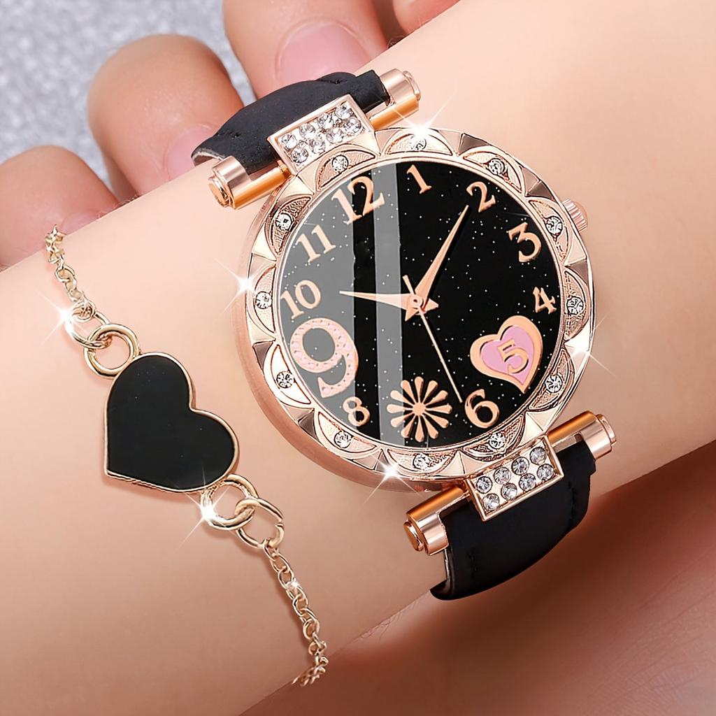 2 pieces and 1 piece cute, fashionable, elegant, sparkling rhinestone PU leather watch for ladies