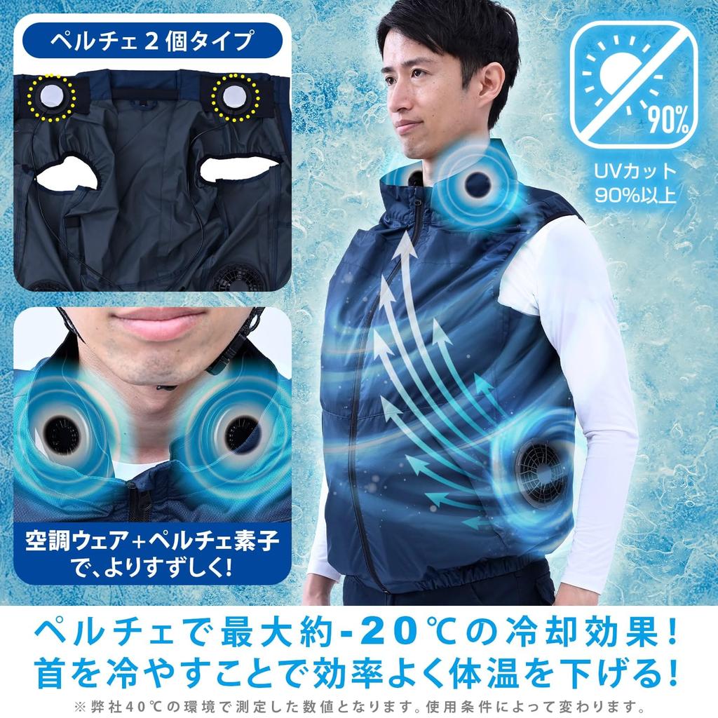Yamazen Workwear Vest with 2 Peltier Airflow UV Heatstroke and Size Navy Fan-Equipped Devices, 10,000mAh Battery, 4-Level Adjustment, Protection,