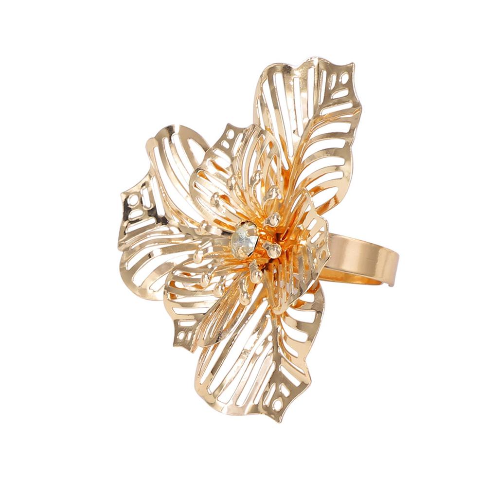 Bohemian Personality Retro Trend Hollow Metal Large Flower Opening Women's Ring Elegant Casual