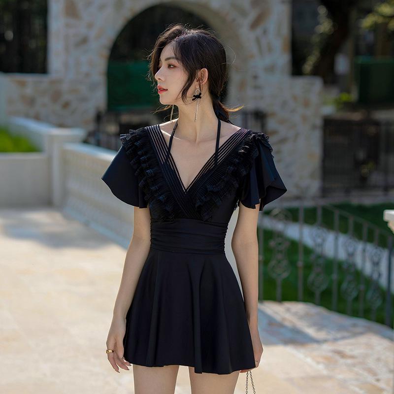 Women's Black One-Piece Skirt Swimsuit 2025 - Summer Conservative Swimwear, Sweet Slimming Design with Belly Coverage.