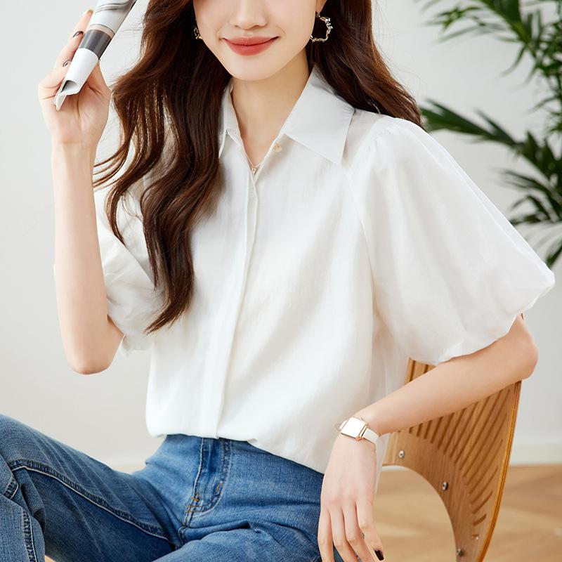 White Puff Sleeve Short-sleeved Shirt for Women In Summer, Loose Commuting, Light and Mature Style Elegant Top
