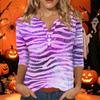 Women's Casual Halloween Print V-Neck Short Sleeve T-Shirt with Decorative Buttons
