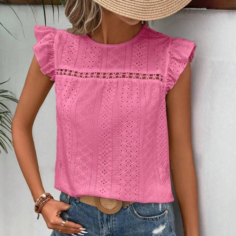 

Летние новые свободные кружевные рубашки с круглым вырезом, женские элегантные однотонные повседневные блузки с коротким рукавом и оборками, женские топы, облегающие винтажные модные рубашки 26600 XL розовый