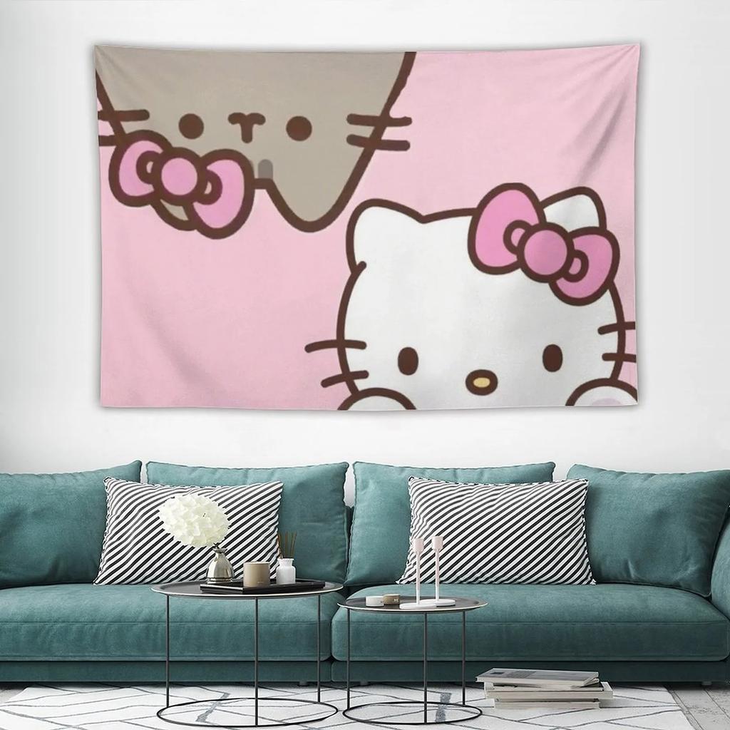 Sanrio Hello Kitty and Cat Cartoon Tapestry Vibrant Kawaii Anime Home Decoration Modern Wall Art Gift for Kitty Fans