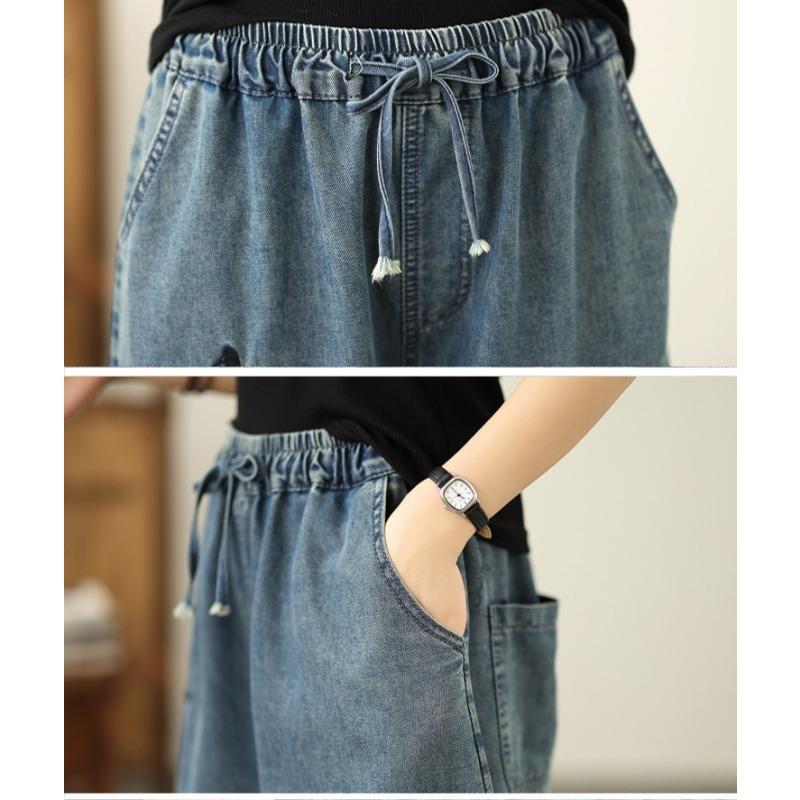 DIMANAF 2026 Summer New Plus Size Women Jeans Elastic Waist Long Pants Embroidery Floral Loose Casual Denim Cotton Trousers Pants