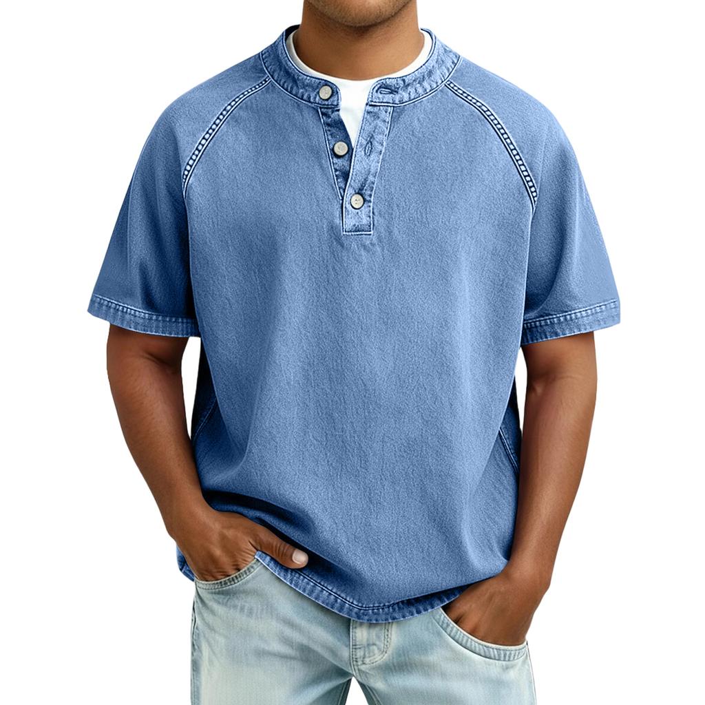 Men  Cotton  Wash Shirt Tee Top Short Sleeve Stand Collar