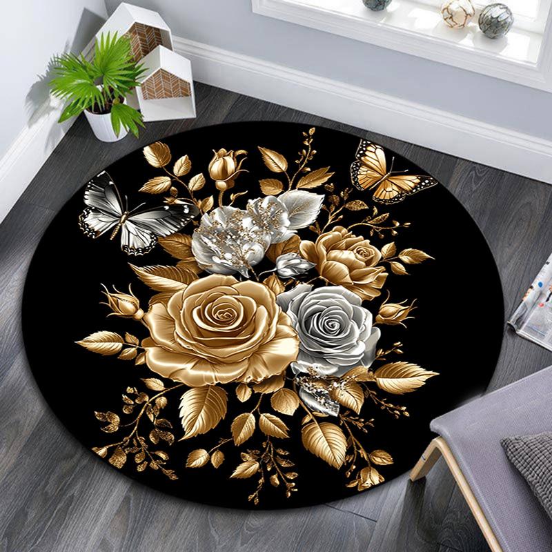 Golden Roses and Butterflies Round Area Rug,Carpet Rug for Living Room Bedroom Sofa Playroom Decor,Non-slip Floor Mat