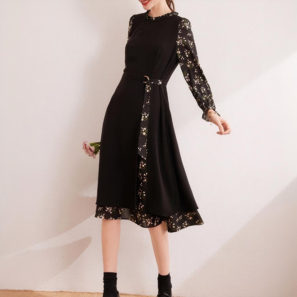 Jaro Nové Kontrastní Barvy Květinové Retro Dřevěné Náušnice Kulatý Výstřih Dlouhé Bez Rukávů Šaty