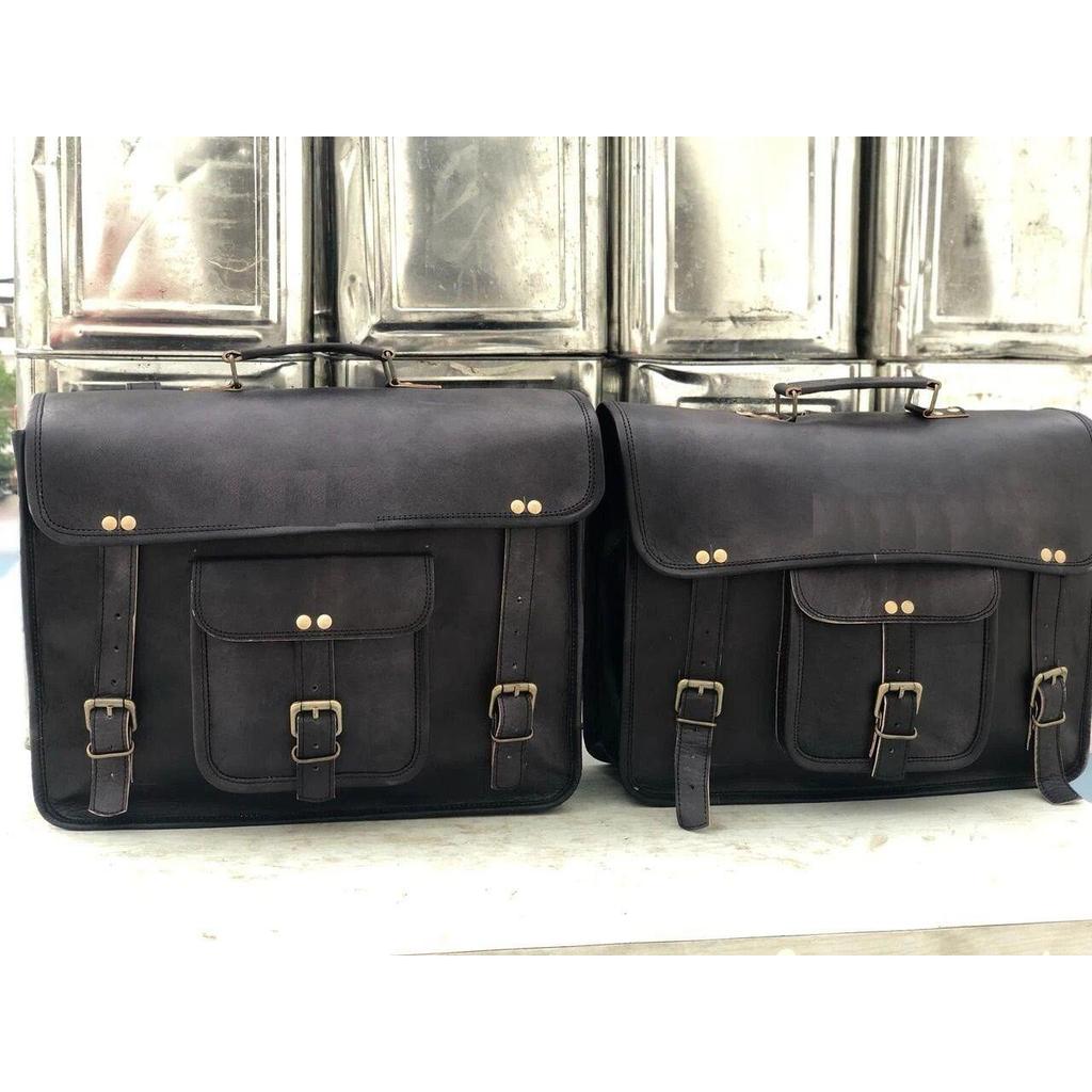 Motorcycle Saddlebags Side 2 Pouch Leather Panniers Saddle (15 Inch Black Bags)
