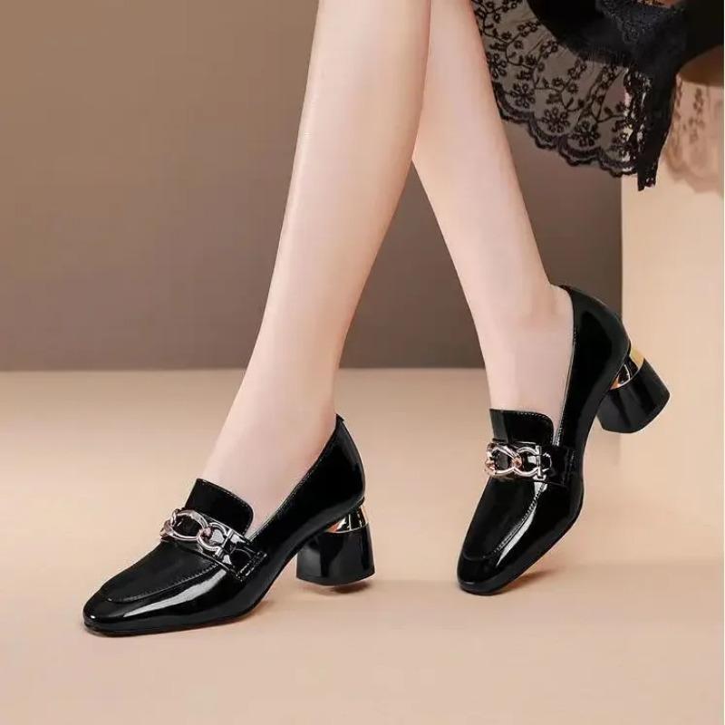 Square Heel Metal Chain Pumps Loafer Women Shoes Fashion Slip On Slipper Luxury Design Casual Mary Janes Shoes Spring Summer