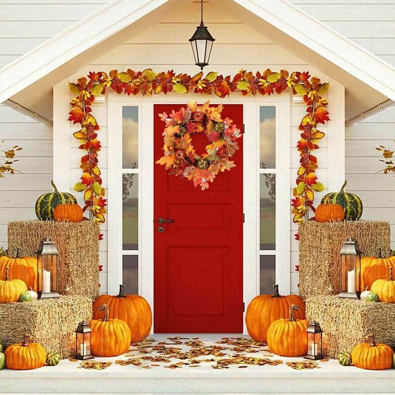 40cm Front Door Wreath Autumn Pumpkin Maple Leaf Pinecone Harvest Wreath Wall Decor Ornament Artificial Wreath