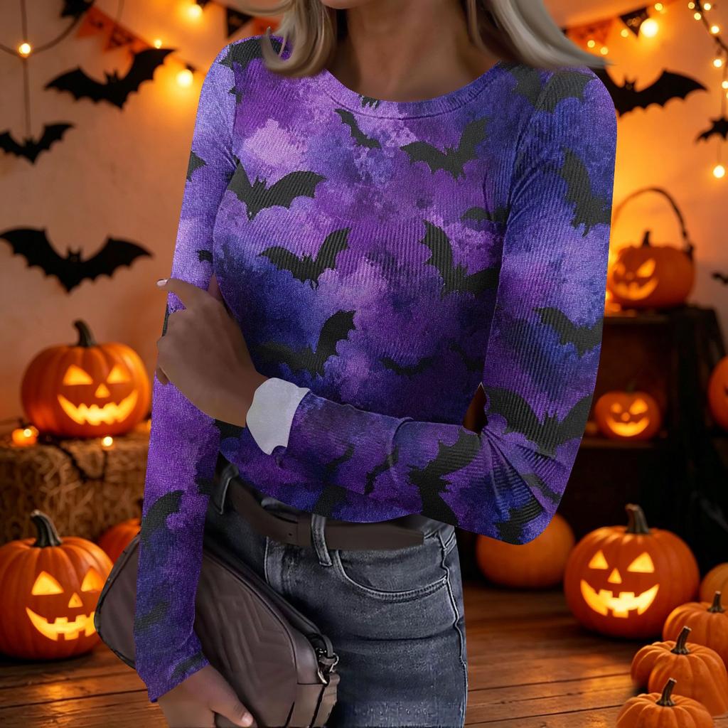 Women's Casual Long Sleeve Ribbed Top Crew Neck Halloween Print Slim Fit Stretchy Lightweight Shirt for Everyday Wear