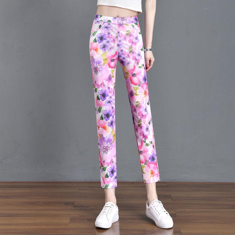 2024 Summer Floral Print Stretchy Plaid Skinny Pants for Women with Elastic Waist