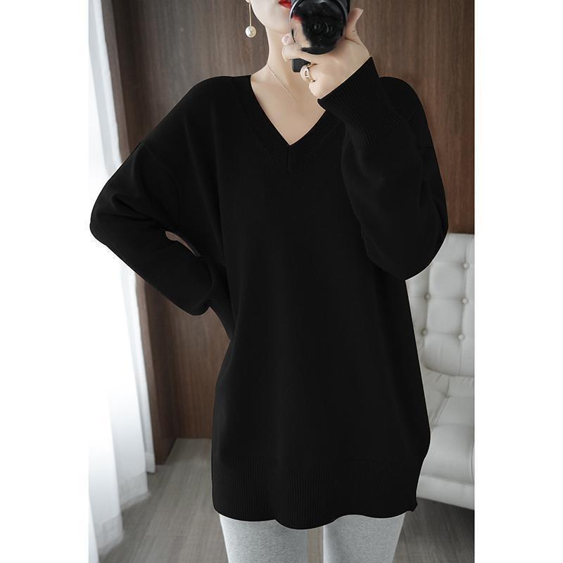 Autumn and Winter Plus Size Sweater Jacket Loose Mid-length Design V-neck Knit
