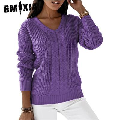 Damenpullover Damen Langarm V-Ausschnitt Einfarbig Twist Lässig Strickpullover Top