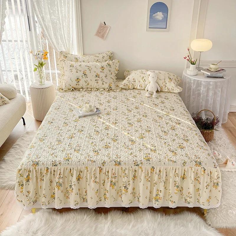 1pc Pure Cotton Thicken Quilted Mattress Cover with Skirt Queen/King Bed Sheet Skirt Elastic Band 200x220cm (No Pillowcase)