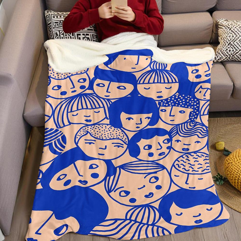 Blue - Lined Cartoon Faces Flannel Blanket Warm Soft Halloween Christmas Couch Warm Cozy Decorative Decor Gift for All Season