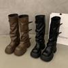 Thick-soled Pleated Belt Buckle Trouser Boots Women's 2025 New European and American Side Zipper But Knee Fashion Boots Knight Boots Tide