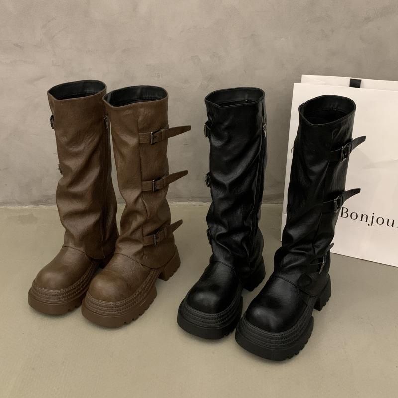 Thick-soled Pleated Belt Buckle Trouser Boots Women's 2025 New European and American Side Zipper But Knee Fashion Boots Knight Boots Tide