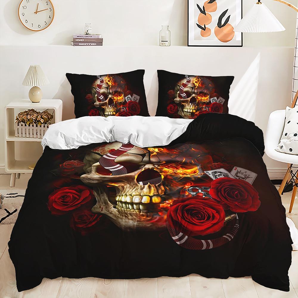 3D Gedrucktes Schädel Blumen Bettwäsche Set King Queen Bett Daunen Bettbezug Kissenbezüge 2/3tlg. Männer Jungen Teenager Bezug Halloween Geschenk
