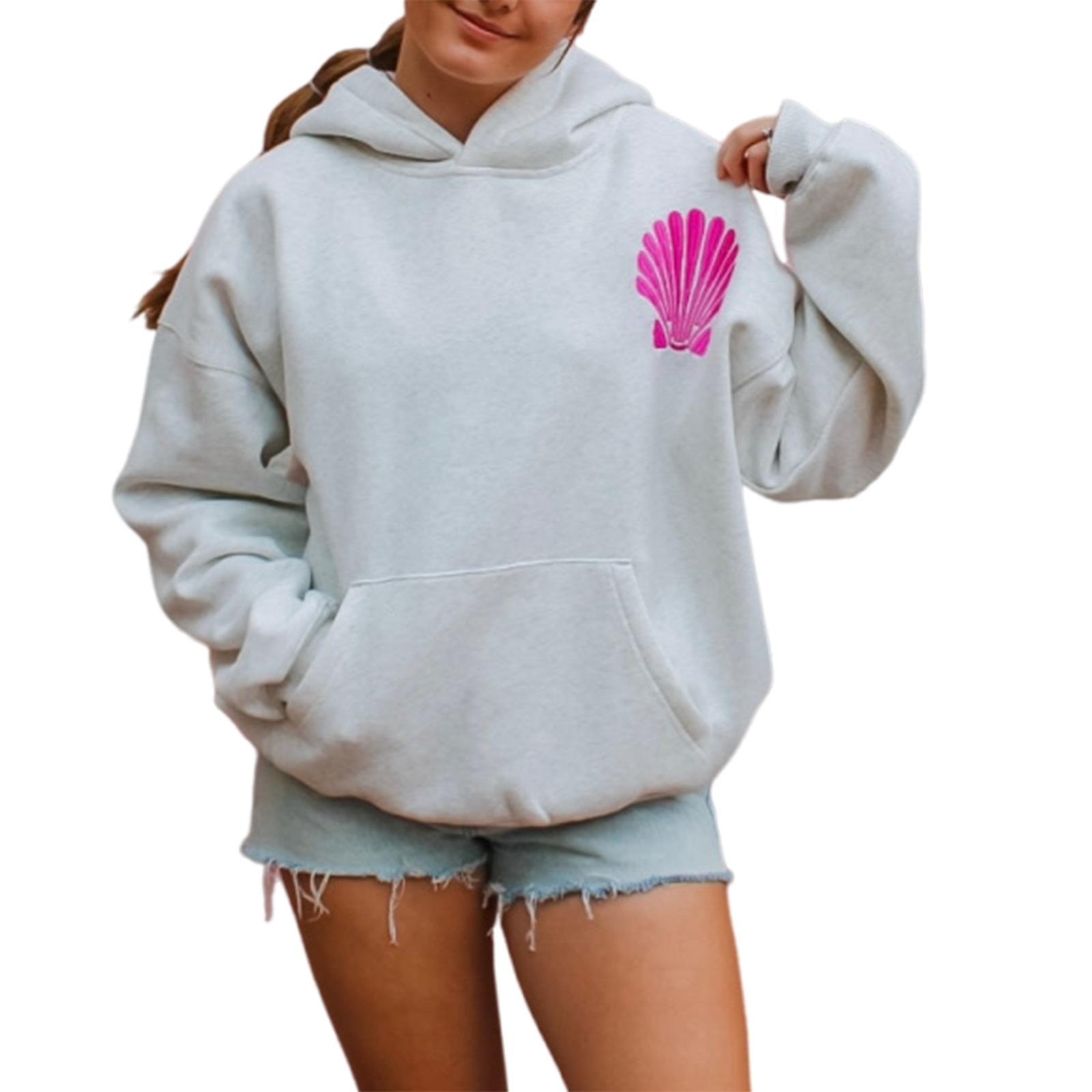 STREETRICH Women s Y2K Loose Fit Hooded Sweatshirts Aesthetic Pattern Embroidered Long Sleeve Pullovers Casual Tops with Kangaroo Pockets S серый