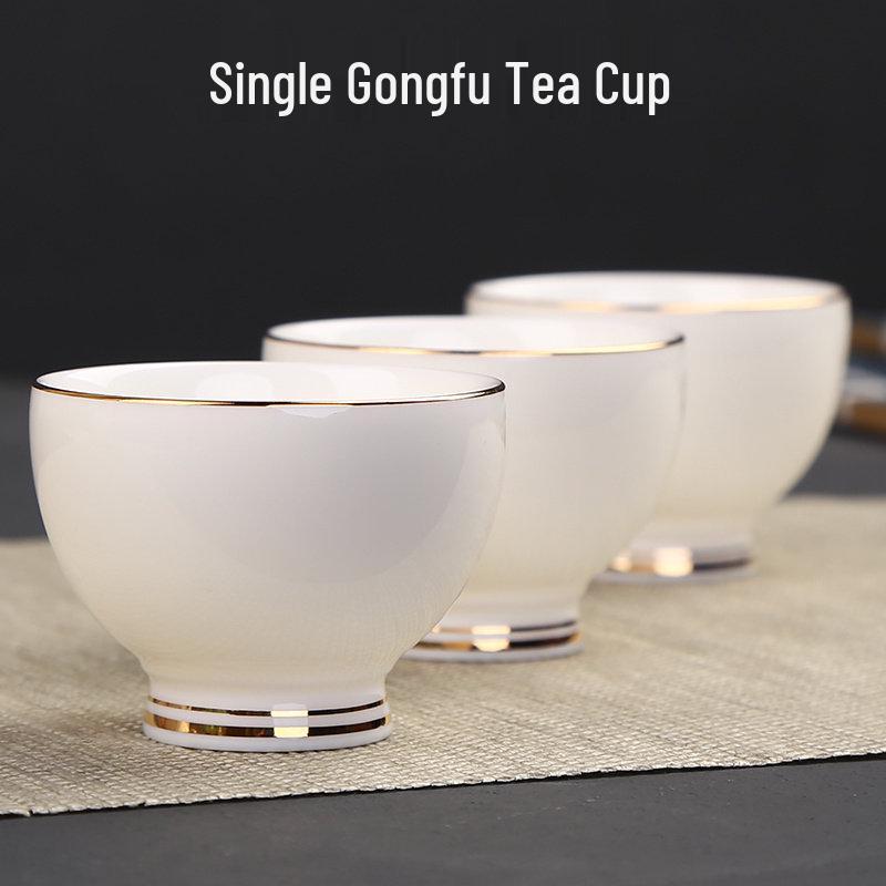 

Gongfu Ceramic Master Tea Cup – Japanese White Porcelain Tasting Cup with Gold Trim, Mutton Fat Jade Style, Pu er Set. Below 200mL