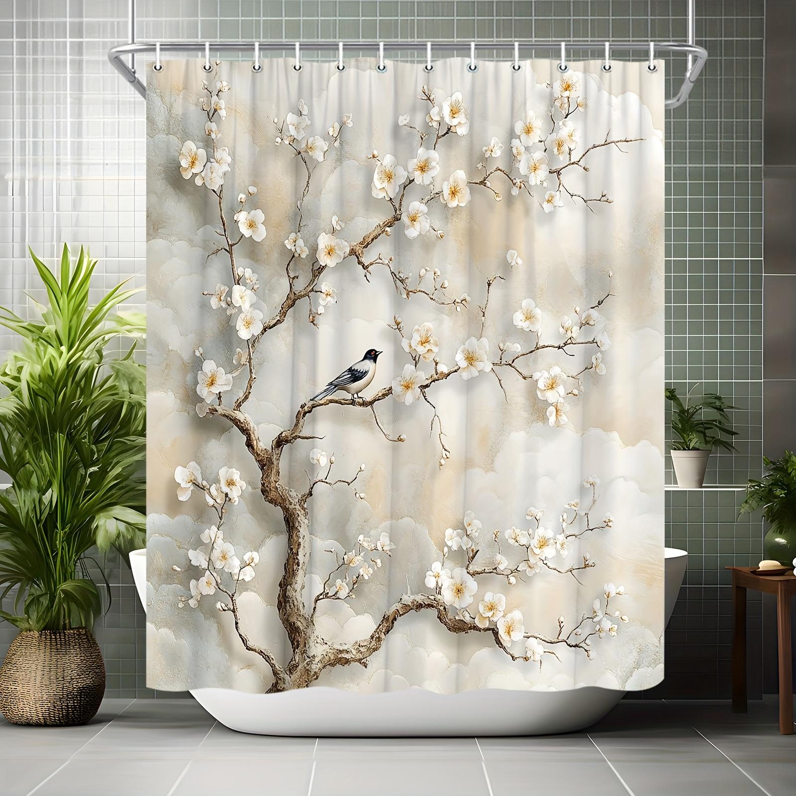 

Занавеска для душа «Птица и цветущая сакура» - Нежный цветочный и природный мотив для декора ванной комнаты, добавляет спокойную красоту и безмятежность W90XH180cm