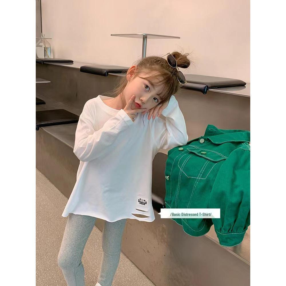 2025 Stylish Korean Autumn Long-Sleeve T-shirt for Big Kids - Pure Cotton with Ripped Design