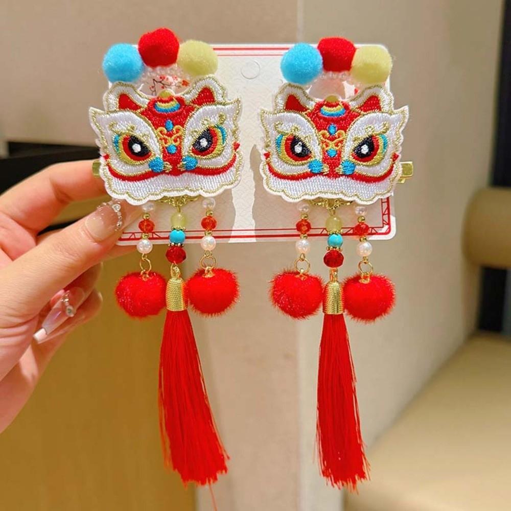 2pcs Bow New Year Tassel Barrettes Plush Ball Embroidered Bow Headwear Hanfu Hair Accessories  Kids