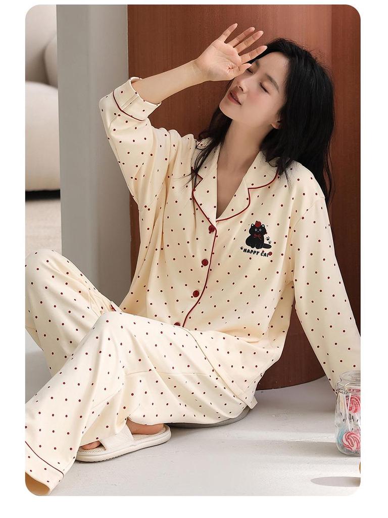 Women's Pure Cotton Pajama Set with Chest Pad, Long Sleeve Cardigan, and Lapel - Spring/Autumn 2025 Style.
