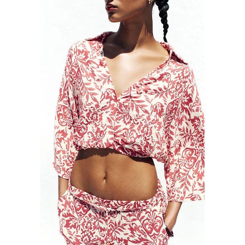 Print Vacation Style Lapel Casual Short Top 3408587 Vacation Style Print Wide Leg Pants 3401587