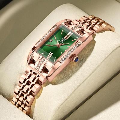 2024 Current New Trend FashionLadies Watch Fashion Luxury Diamond Green Dial Square Quartz Watch Stainless Steel Waterproof Girls Watch Gift