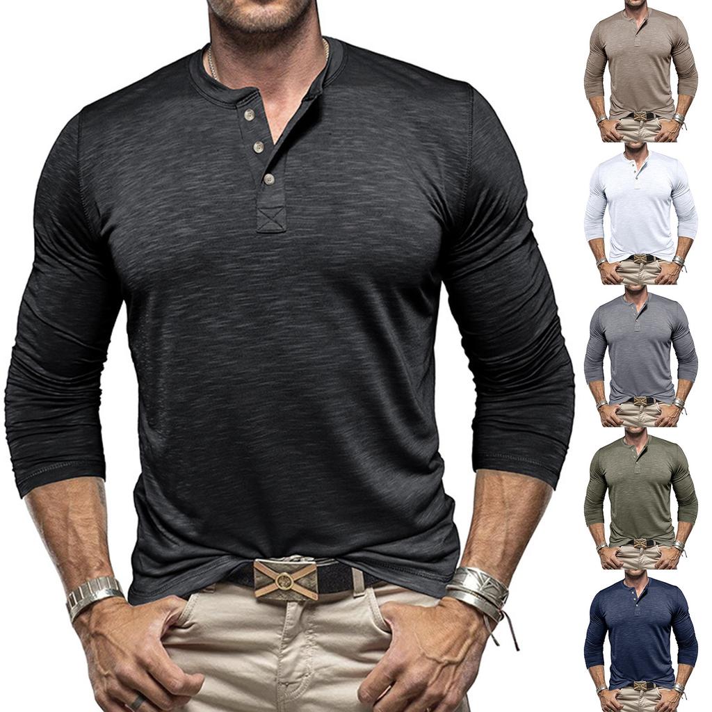 Men's Solid Color Casual Sports Round Neck Button Trendy Slim Fit Long Sleeve Top