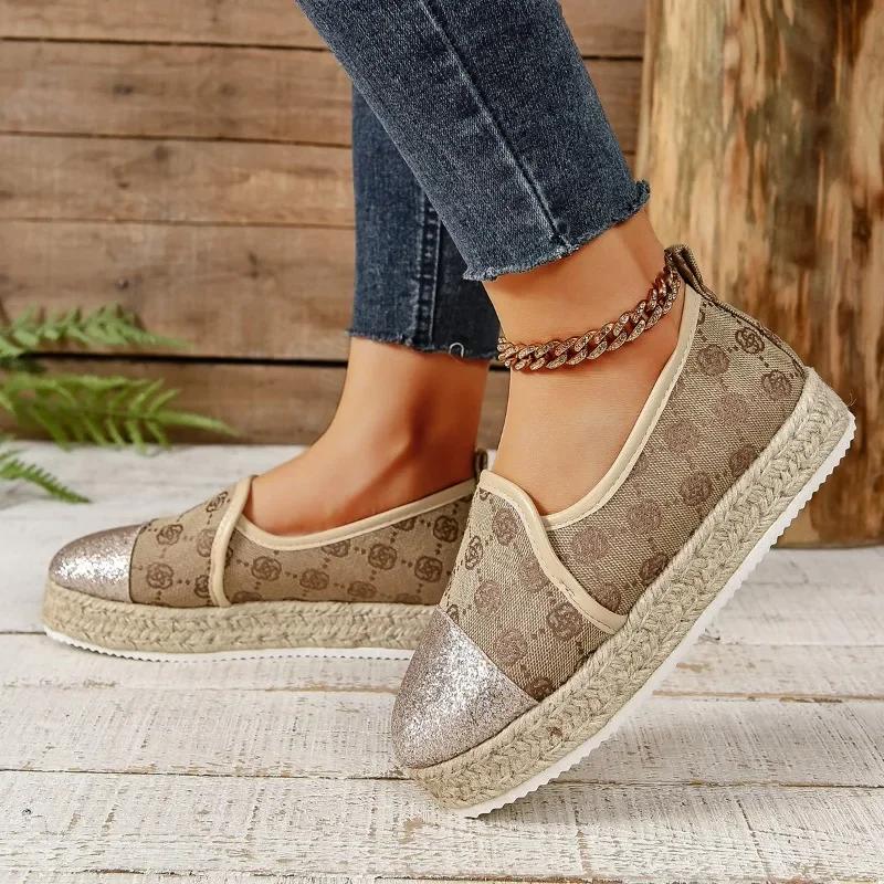 Fashion Leisure Women's Weave Loafers Non Slip Flat Round Toe Breathable Slip On Ladies Flats Women Thick Platform Lazy Canvas Shoes