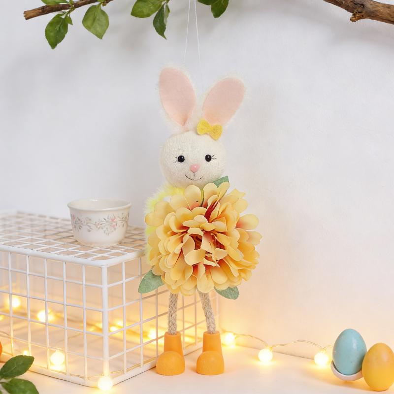 Easter Bunny Decor Cute Rabbit With Flower Hanging Ornaments For Tabletop Mantel Holiday Home Party Table Decorations Gift