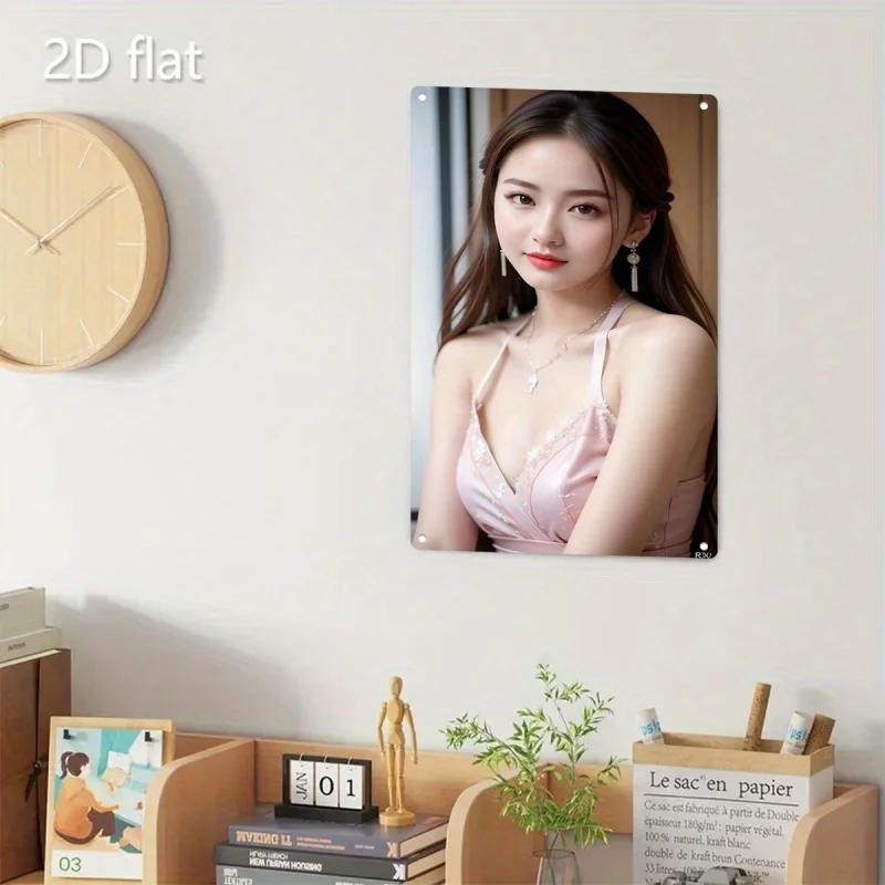Retro Tin Poster Wall DecorMetal Poster - Elegant Female Face & Pastel Pink Blush Art - Korean-Style Minimalis