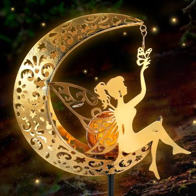 Solar-Gartenleuchten, Outdoor-Dekor, Mondfee, Crackle-Glas-Lichter, wasserdicht, LED-Metallpfahl, Ornament, dekorativer Wegpfahl