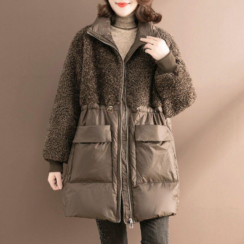 Cotton-padded Jacket Women's Mid-length Winter Fashion Stitching Lamb Wool Cotton-padded Jacket Loose Large Size Warm All-match Padded Jacket