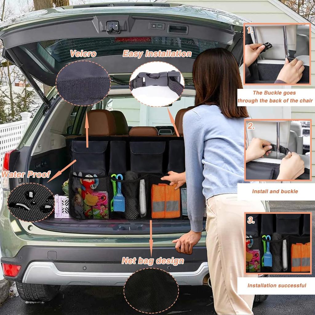 Car Backseat Trunk Organizer, Auto Hanging Back Seat Storage, Car Cargo Trunk Storage Organizer Bag for Truck, SUV, Van with Adjustable Straps
