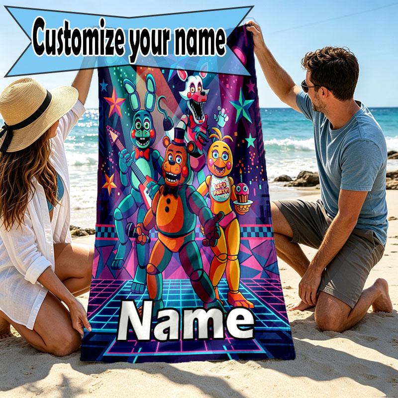 Personlig tilpasset strandhåndkle med navn, Five Nights at Freddy's-trykk, for reise, camping, strandfest, hjemmedekor, bursdagsgave til familie og venner